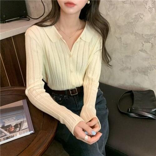 Spring Turn-down Collar Womens Sweater Criss Cross Long Sleeves Knitted Female Short Cardigans Mujer Single Brested Tops Brown