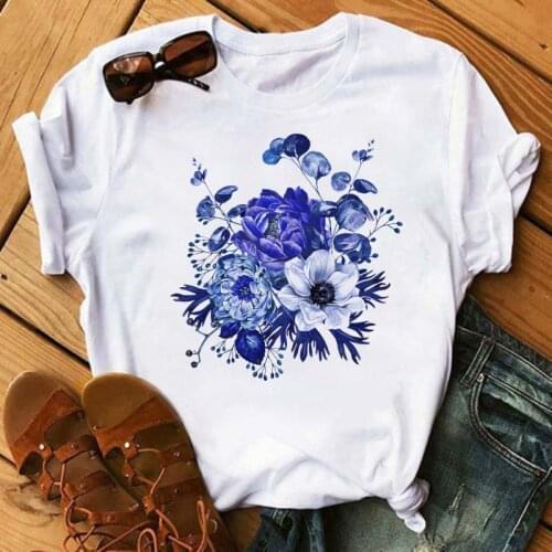 Maycaur New Blue Floral Women Tops Cartoon Flower Graphic Printed T Shirt Fashion O-neck Woman Clothes Short Sleeve Tshirts Tee