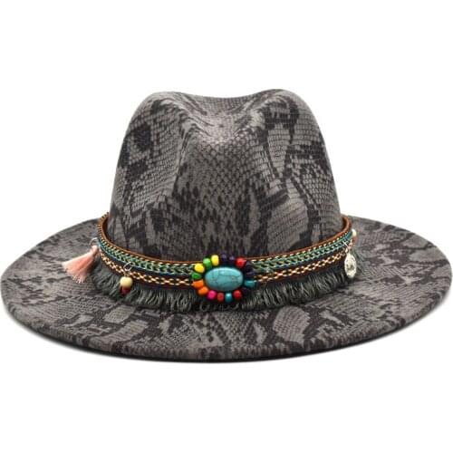 Womens Snake Wool Hat Fringed Retro Jazz Hat Autumn and Winter Wide-brimmed Church Hat Panama Hat F8