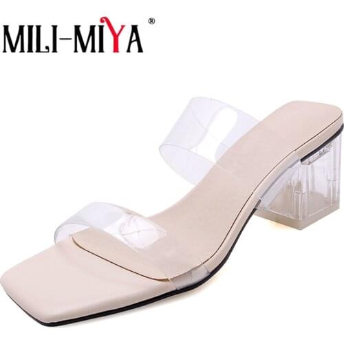 MILI-MIYA Classic Design Women Slippers Fashion Square Toe Transparent Thick Heels Summer Gladiator Sandals Party Wedding Shoes