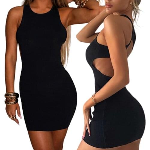 Women’s Casual Sleeveless Short Dress Fashion Solid Color Slim Backless Knitted Tight Dress Club Wear