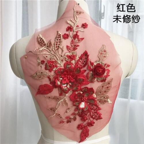 1Piece 3D Flower Embroidered Lace Appliques Red Lace Trim For DIY Wedding Dress Costumes