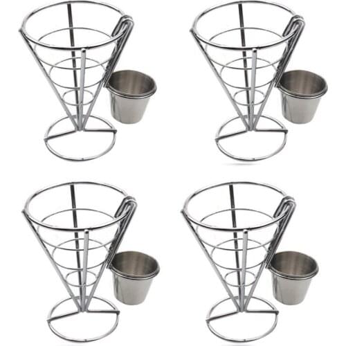 4 Pcs French Fries Stand Cone Basket Fry Holder with Dip Dishe Cone Snack Fried Chicken Display Rack Food Shelves Bowl