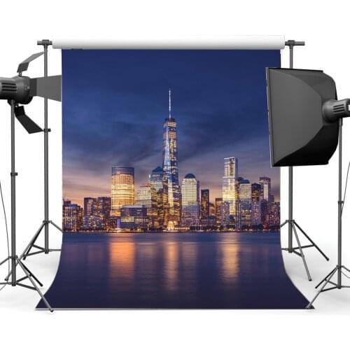 American New York City Night View Backdrop Skyscraper Seaside Bokeh Glitter Light Blue Sky Romantic Background