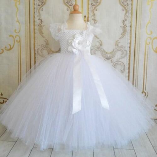 Girls White Flower Tutu Dress Kids Crochet Tulle Angel Dress Ball Gown with Lace Shoulder Children Wedding Party Costume Dresses