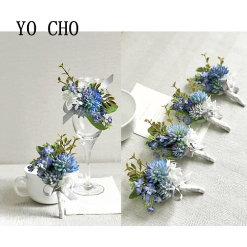 YO CHO Boutonniere Artificial Flower Wedding Girl Wrist Corsage Bracelet Groom Buttonhole Men Brooch Pins White Blue Boutonniere
