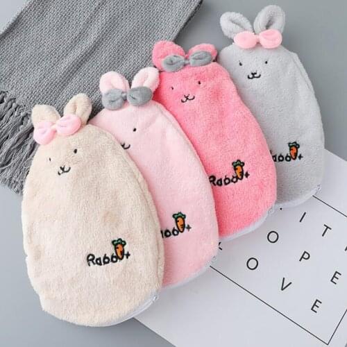 Hot Water Bottle with Zipper Plush Rabbit Cover Hand Warmer Explosion-proof PVC Hot Water Bag for Pain Relief, Heat Therapy