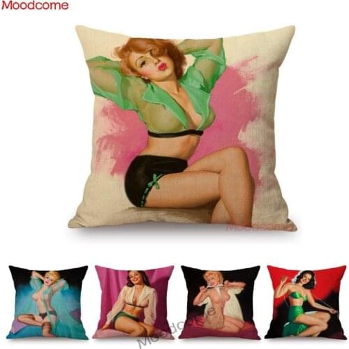 Hot Sexy Woman Girl Vintage Poster Style Retro Home Decoration Sofa Throw Pillow Case European Beauty Cotton Linen Cushion Cover