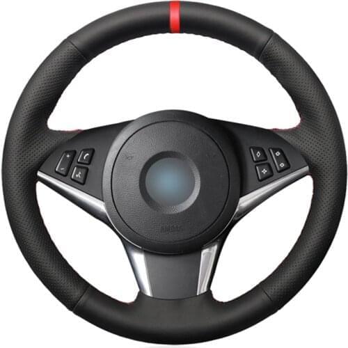 Black PU Artificial Leather Red Marker Car Steering Wheel Cover for BMW E60 E61 (Touring) 530d E63 2003-2010 E64 2004-2010