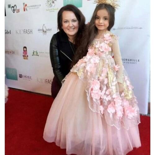 Pink 3D Flowers GirlsPageant Dress Applique Sheer Neck Ball Gown Children Clothes Flower Dress Christmas Gown