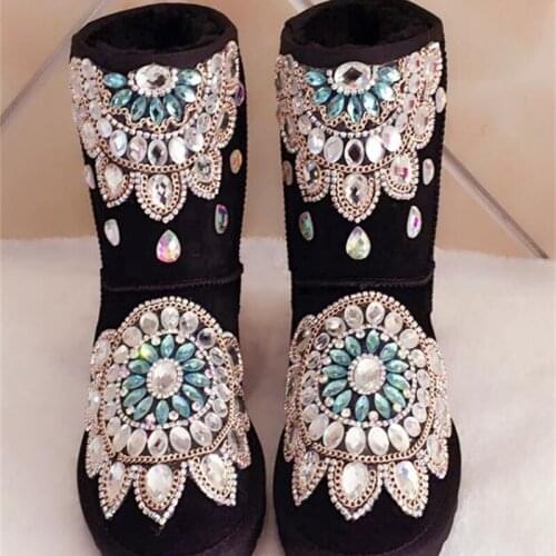 European Station Sew White Black Rabbit Hair Rhinestone Snow Boots Platform Shoes Boots Gemstone Winter Shoes Thick crust