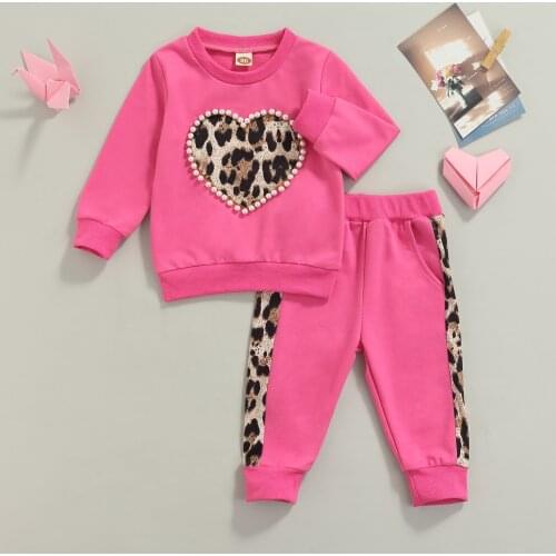FOCUSNORM 1-6Y Lovely Kids Girls 2pcs Clothes Sets Autumn Outfits Heart Leopard Printed With Pearl Long Sleeve Sweatshirt Pant