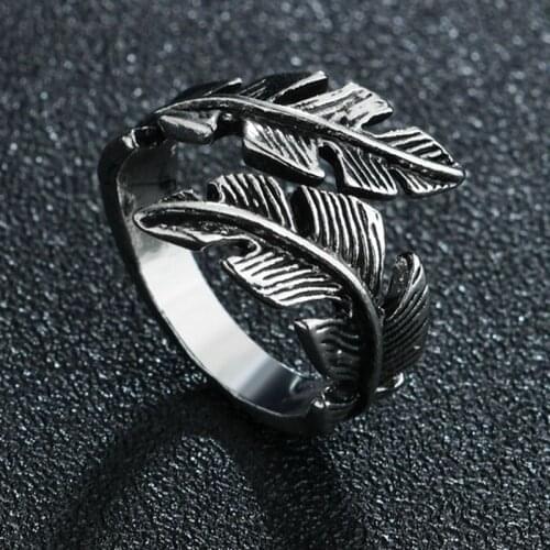 Hot Punk Gothic Leaf Male Ring Hip Hop Vintage Metal Feather Free Open Ring Women Men Jewelry Gift Bijoux Boho