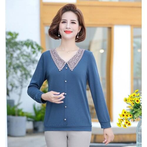 Lace Crochet Pullovers Women Long Sleeve T-Shirts Knitted Tops Spring Fall Bottom Shirt Mother Plus Size Stretch Tops 5XL