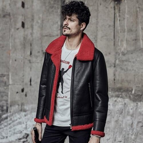 Mens Shearling Jacket Mens Fur Coat Pilots Coat Black Flying Jacket B3 Sheepskin Jacket Red Collar Lining
