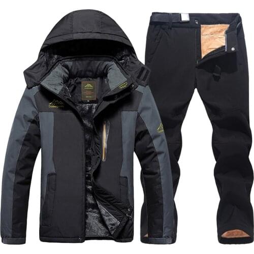 Men Ski Jacket Pants Winter Warm Waterproof Windbreaker Outdoor Sports Skiing Camping Fleece Coat Trousers Ski Suit Plus Size