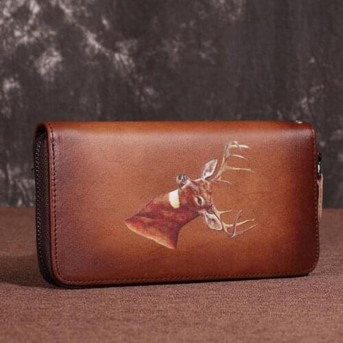 Cowhide Men Purse Cards Clip Holder Retro Animal Prints Embossing High Quality Genuine Leather Women Clutch Coin Long Wallet