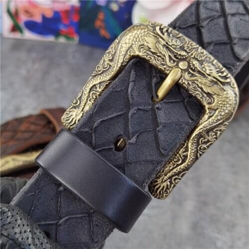 Dragon Brass Belt Buckle Mens Belt Double-Sided Use Hand Carving Designer Belt Ceinture Homme Luxury Men Leather Belt MBT0600