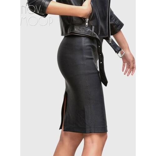 Novmoop super quality imported Turkey sheepskin stretched genuine leather women skirt with elastic waistband LT3291