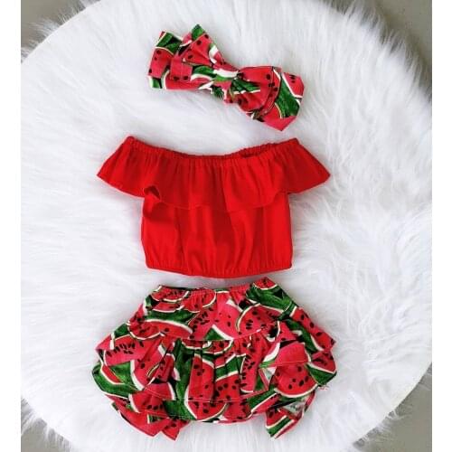 1-6Y Fashion Girls Clothes Sets Kids Ruffle Red Tops Watermelon Shorts Bandana 3pcs Outfits Summer Children Clothing