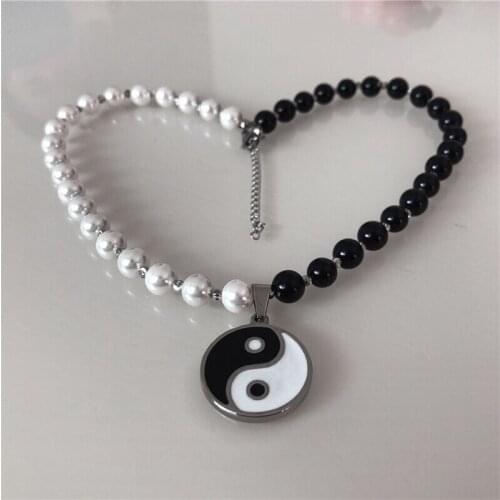 Tai Ji Eight Trigrams Comma Yin Yang Pendant Necklaces Pearl Bead Chinese Philosophy Taoist Symbol Choker Jewelry Unisex