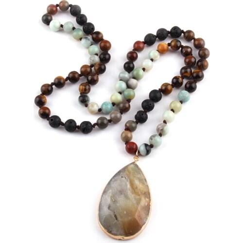 Free Shipping Fashion Semi Precious Stones Long Knotted Stone Drop Pendant Necklaces