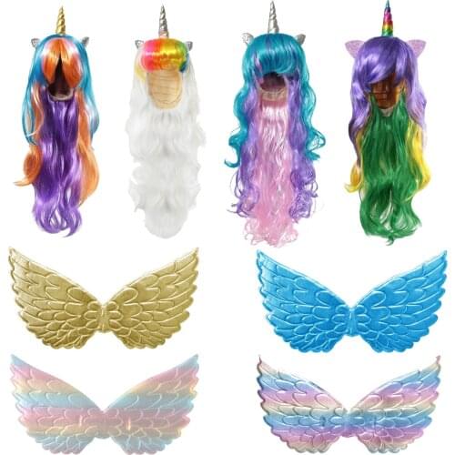 Cute Unicorn Wigs Long Wavy Unicorn Wigs Fake Hair Cosplay With Horn Synthetic Wigs Decor Unicorn Party Birthday Decoration