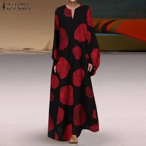 ZANZEA Vintage Women Printed Long Sleeve Holiday Sundress Autumn Casual V Neck Loose Maxi Dress Robe Femme Oversized Vestidos