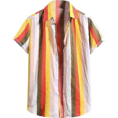 67# Mens Vintage Stripe Printed Turn Down Collar Short Sleeve Loose Shirts Casual Button Hawaiian Shirt Male Tops Summer Camisas