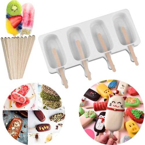 Silicone Ice Cream Makers Molds With 10Pcs Popsicle Sticks 4 Cavities DIY Ice Lolly Molds Kitchen Frozen Dessert Making Tools
