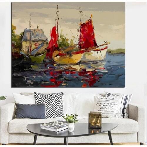 Modern Print Seaview Boat Landscape Poster Abstract Seascape Oil Painting on Canvas Wall Picture for Living Room Home Decorative
