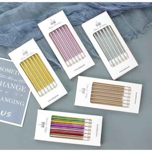 6 Pcs Wedding Party Cake Decorations Long Thin Cake Candles Metallic Birthday Candles Long Thin Candles in Holders for Birthday
