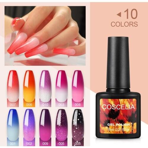 COSCELIA 8 ML Thermal Glitter Gel Soak Off UV Gel Polish Temperature Color-Changing UV Gel Varnish Nail Art Varnish For Nails