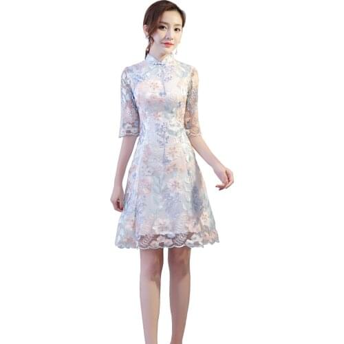 Shanghai Story 2019 new arrival Half Sleeve embroidery cheongsam Lace qipao White Party Dress For Women