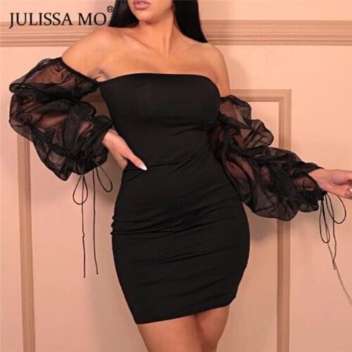 Julissa Mo Black Bandage Hollow Out Summer Dress 2021 Long Mesh Sleeve Backless Women Dresses Sexy Pleated Party Vestidos Female