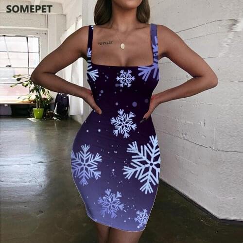 SOMEPET Christmas Dress Women Snowflake 3d Print Art Ladies Dresses Harajuku Halter Sleeveless Womens Clothing Party Short Boho