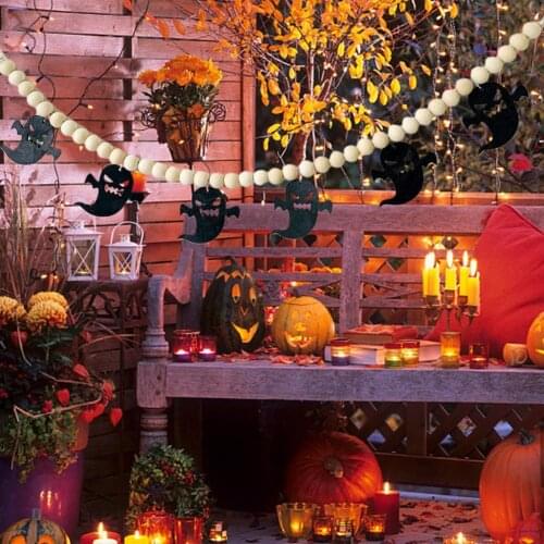 1 Set Beads String Decorative Bunting Wood Pumpkin Pattern Halloween Banner Horror Design Smudge-free Hanging Banner for Party