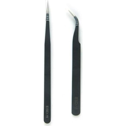 2 Pieces/lot Anti-static Precision Tweezer Repair Tweezers Black Elbow Stainless Steel For Soldering Station Hand Tools