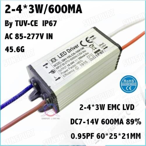 5 Pcs By TUV-CE IP67 PF 10W AC85-277V LED Driver 2-4x3W 600mA DC7-14V Constant Current LED Power For LED Spotlight Free Shipping