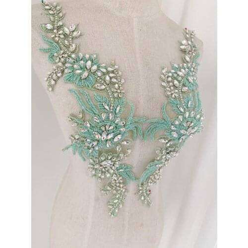 1 Pair Mint Green Rhinestone Applique With Florals Motif