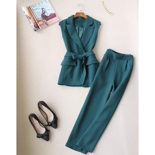 FREE SHIPPING Spring Summer Women Fashionable Tiding Sashes Vest nd Wide Leg Ankle Pants One Set