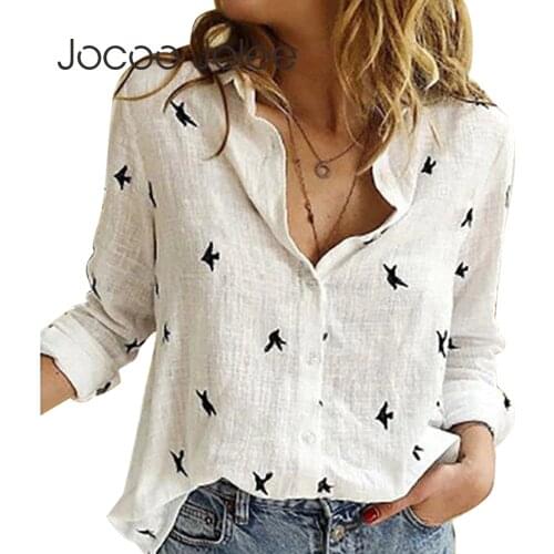 Jocoo Jolee Women Casual Birds Print Blouse Spring Summer Long Sleeve Cotton and Linen Loose Shirt Vintage Tops Tunic Plus Size