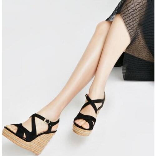 Sexy Black Suede Women Wedge Sandals Peep Toe Ankle Strap High Platform Summer Dress Shoes High Quality Ladies Sandals
