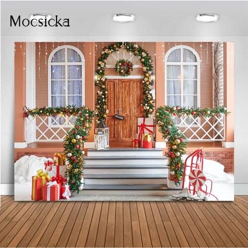 Christmas Wood door backdrop for photography Pine Forest Photo Background Photocall Winter Snow wreath Cheers to New Year Props