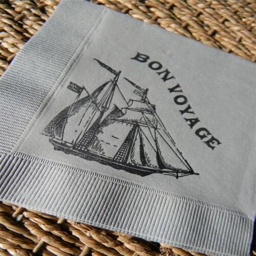 Custom Cocktail Napkins Vintage Sailboat Bon Voyage Nautical Wedding Napkins Dove Gray Paper Wedding 3 Ply Paper with Couples