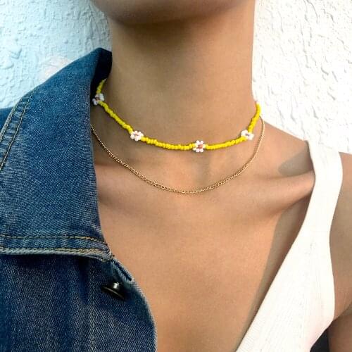 Lalynnly Summer New Fashionable Bohemian Beaded Nine Daisies Necklace Friend Gift For Womens Vacation Jewelry Wholesale N8689