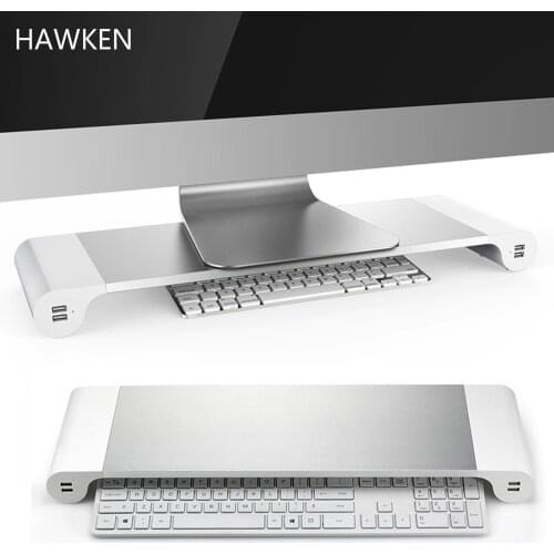 HAWKEN Aluminum Alloy Space Bar Monitor Stand Laptop Table with 4 USB Ports for iMac MacBook Computer Laptop Below 20Inch