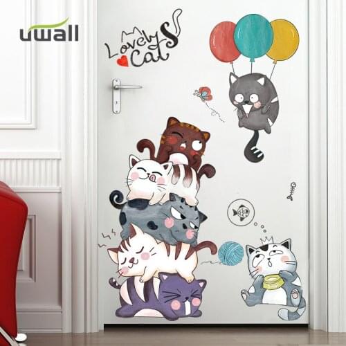 Cartoon Cute Cats Wall Stickers For Kids Room Self-adhesive Baby Bedroom Decor Wall Decoration Home Decor Cabinet Door Sticker