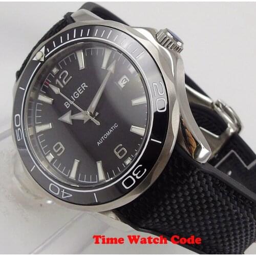 41mm Miyota 8215 Automatic Mens Watch Black Dial Date Display Ceramic Bezel Insert Sapphire Glass Rubber Strap Polished Case