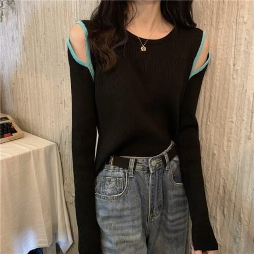 Fall 2021 new style off-shoulder design pullover womens long-sleeved sweater womens loose winter stretch top